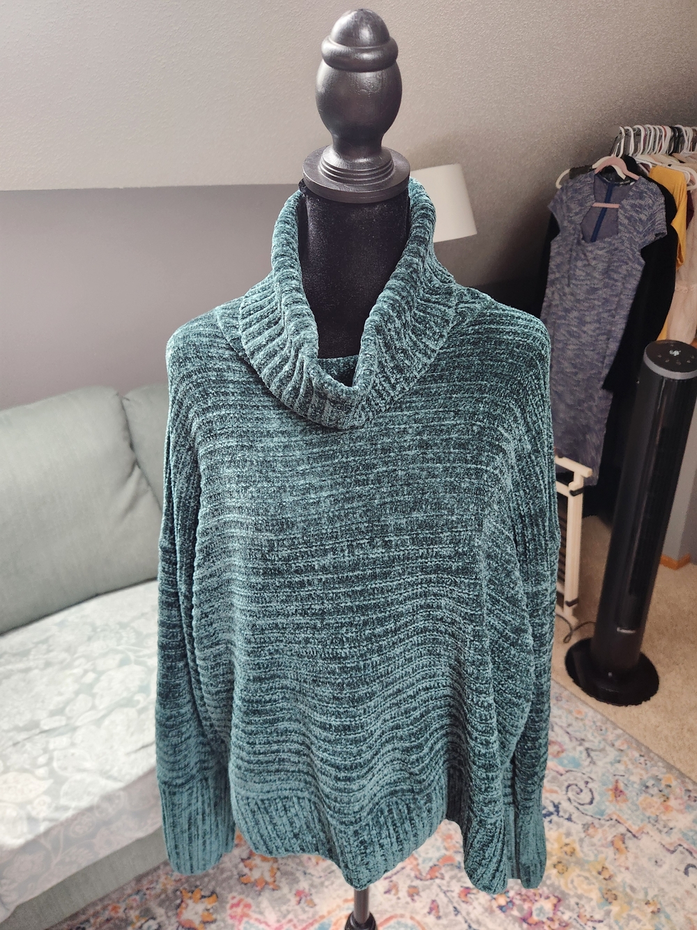 Pink Rose Teal Chenille Cowl-Neck Sweater Great Condition XL